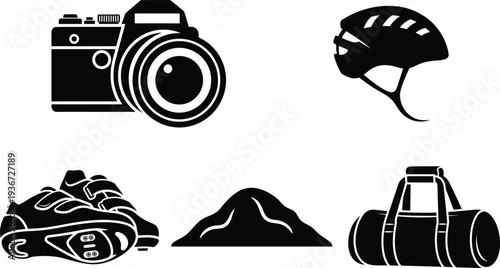 collection of icons for photography and cycling gear and accessories