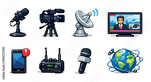 Studio microphone and camcorder icons on gray background