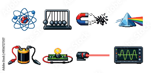 Physics and electronics icons showing experiments on dark background