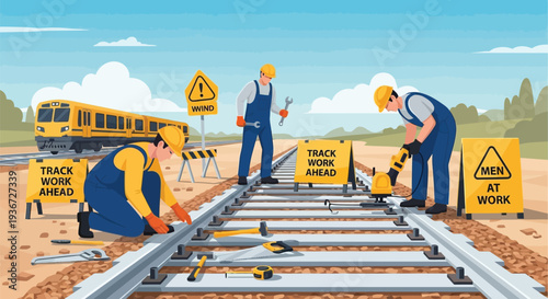 Railway maintenance crew repairing track vector