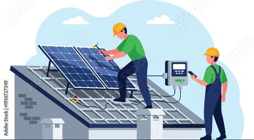 Solar technicians maintaining panels vector