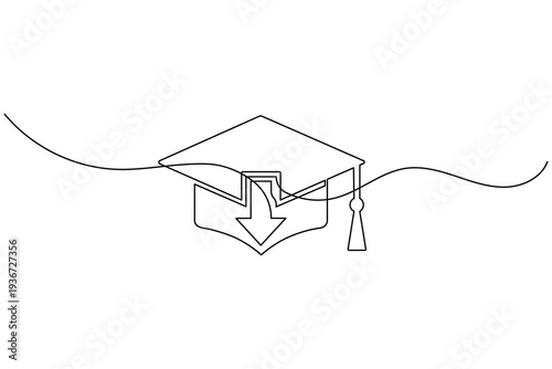 Graduation cap and downward arrow continuous one line drawing minimalist vector illustration