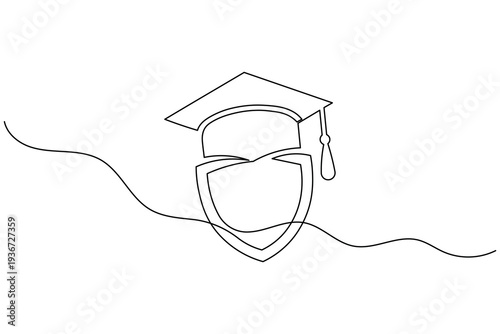 Graduation cap and shield continuous one line drawing minimalist vector illustration