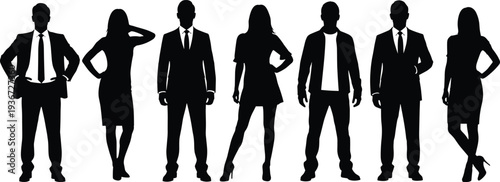 Black silhouettes of diverse men and women in business and casual attire standing in various poses isolated on white