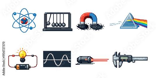Physics and measurement icons arranged in two rows on dark background