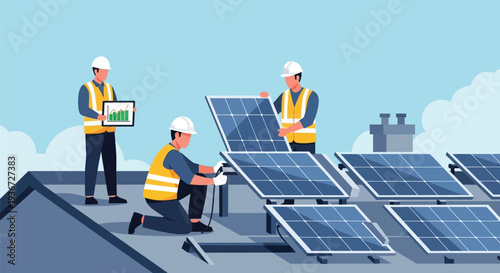 Solar panel installation team on roof vector