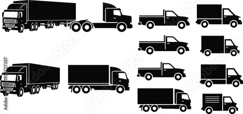Truck silhouette collection, cargo delivery vehicles set, logistics transportation vector illustration, commercial freight transport trucks isolated design