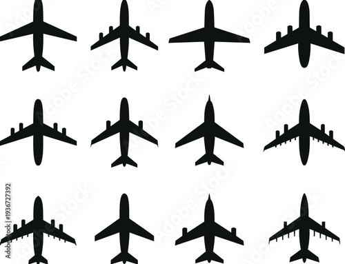 Airplane silhouettes collection top view aircraft designs, commercial jet military cargo plane illustration, aviation recognition template, flight vehicle graphic
