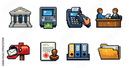 Banking icons showing transactions and documents on gray background