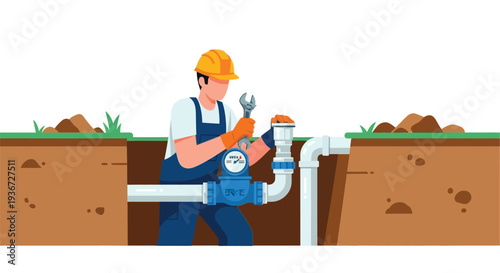 Plumber installing water meter vector