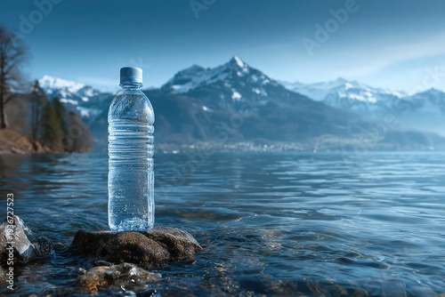 Spring water bottle with mountain view