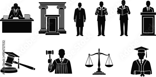 Law justice education silhouette set, judge gavel courthouse podium lawyer reading book scales justice graduation legal profession vector illustration