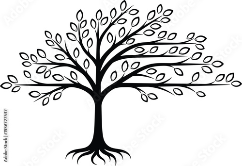 Black silhouette of a wide spreading tree with many branches and leaves isolated on white background flat vector illustration