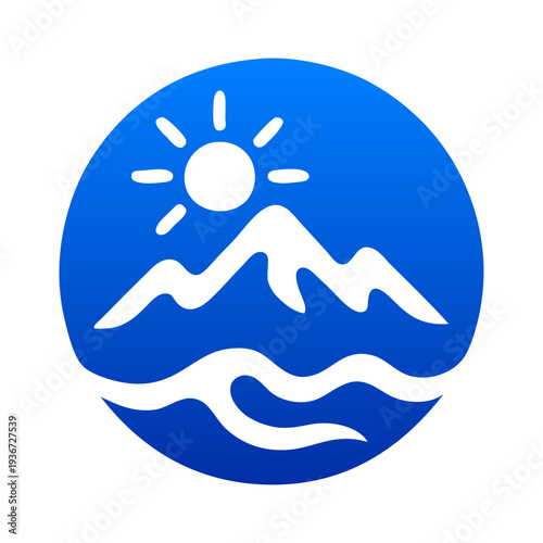 Logo agencia de viajes. Vacaciones de verano. Dibujo sencillo con siluetas de un paisaje con isla con sol, montaña y olas de mar en círculo