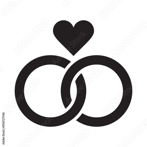 Wedding rings with heart linked together in the symbol of marriage flat vector icon