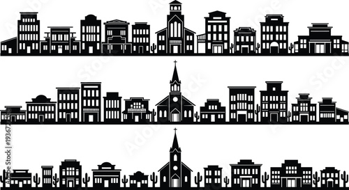 Black silhouettes of wild west town buildings, cad drawing flat vector illustration of western frontier city skyline, old desert town