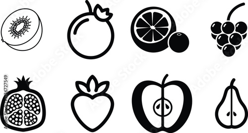 Eight fruit icons in black and white for food and nutrition concepts