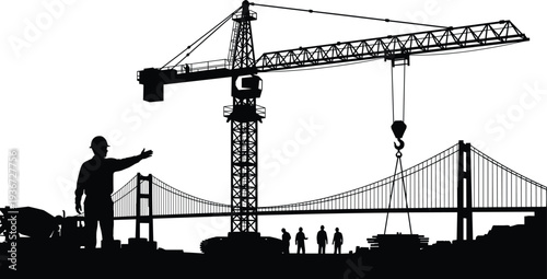 Construction site silhouette with tower crane, workers building bridge infrastructure, industrial engineering vector illustration, urban development concept design