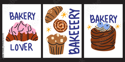 Set of creative bakery banners and posters with hand drawn pastry, cakes and typography in cartoon retro groovy style. Flat vector illustration for cafe, shop decor,  kitchen poster, wall art