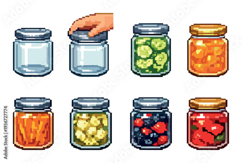 Glass jars in two rows, hand opening a lid on gray background