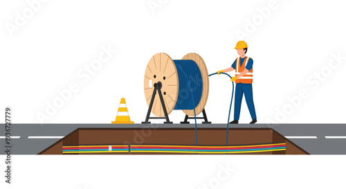 Worker Laying Underground Network Cables
