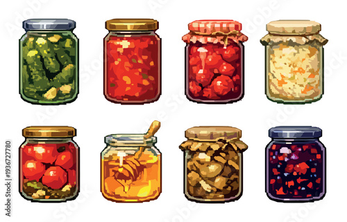 Glass jars of preserved foods arranged in two rows on background