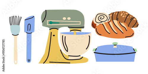 Professional kitchen equipment for baking, stand mixer, whisk, spatula, rolling pin and baking dish. Bakery tools and pastry concept. Vector illustration