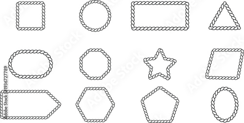 Rope frame border set isolated on white background . Circle, square, oval shape in sea sailor theme. Pattern rope brush. nautical rope collection
