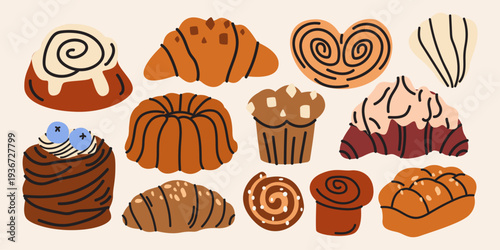 Large collection of sweet pastries, buns, rolls, cupcakes and croissants. Bakery stickers set in cartoon retro style. Hand drawn flat vector illustration of delicious desserts and bakery treats