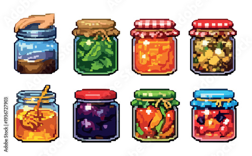 Glass jars of preserves and condiments arranged on neutral background