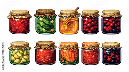 Glass jars and honey arranged in rows on gradient background