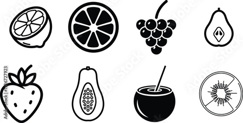 set of fruit icons in black and white line art style on white background