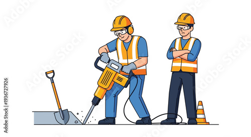Construction workers using jackhammer vector