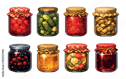 Glass jars of pickled and preserved foods on dark gradient background