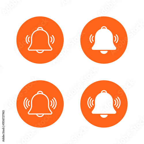 Notification bell icon set in orange circle. Alert and reminder symbol