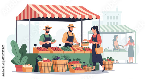 Farmers market vendors selling produce vector