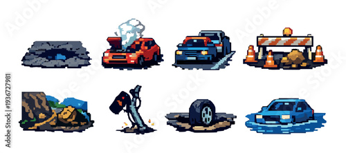 Road incident icons showing vehicle breakdowns on gray background