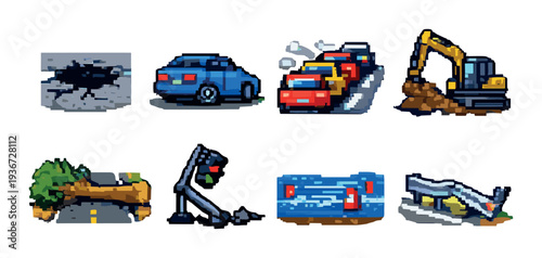 Road hazard icons showing accidents and roadwork on gray background