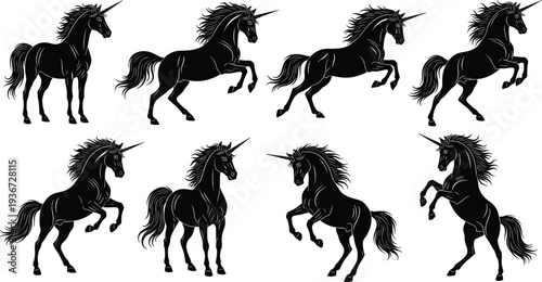 Black unicorn silhouette collection with mythical horses in rearing and galloping poses cad drawing flat vector illustration isolated on white