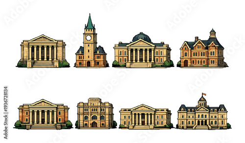 Historic building icons showing civic architecture on backdrop