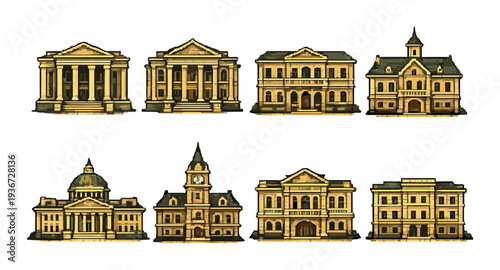 Collection of classical civic buildings in two rows on gold background