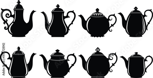 Vintage teapot silhouette collection, classic tea kettle shapes, antique teapot set vector illustration, black teapot icons isolated design
