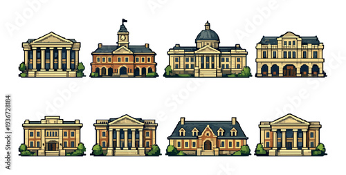 Neoclassical civic buildings arranged in two rows on muted background