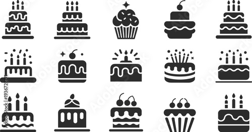 Cake and cupcake icons collection with candles cherries frosting decorations, dessert celebration illustration, party design template, sweet bakery graphic