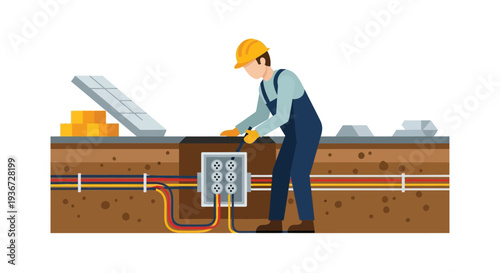 Utility worker accessing underground vault vector