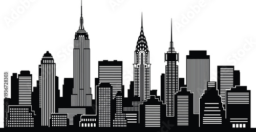 New York City skyline silhouette, Manhattan skyscrapers outline, urban cityscape vector illustration, iconic architecture buildings, black city skyline design