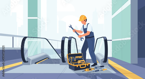 Escalator mechanic repairing unit vector