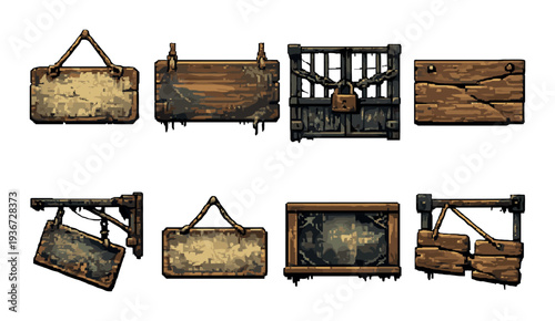Assorted wooden and metal hanging signs and locked gate panels