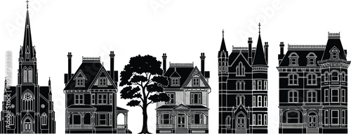 Victorian gothic architecture silhouettes, historic church and vintage houses skyline illustration, black building outlines, classic European style urban landscape vector