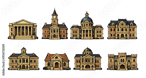 Row of classical civic and institutional buildings on backdrop